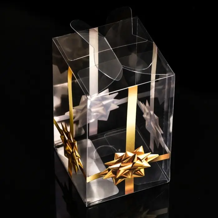 Складная прозрачная коробка из PVC, для упаковки подарков, &laquo;Золотой бантик&raquo;, 6&times;6&times;10 см