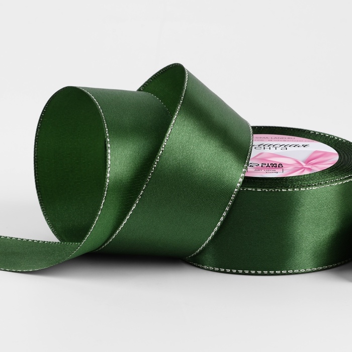 Лента атласная &laquo;Серебряные нити&raquo;, 40 мм &times; 23 &plusmn; 1 м, цвет зелёный №49