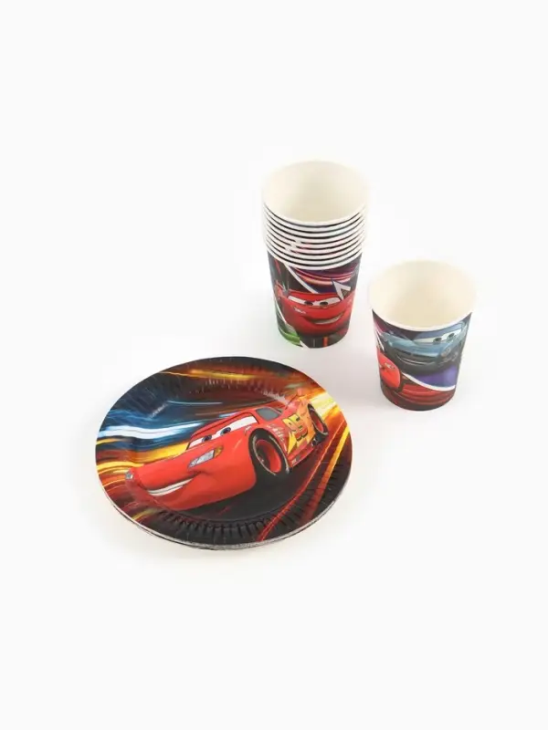 Посуда одноразовая бумажная на 10 персон: стаканы, тарелки, скатерть, Машинки