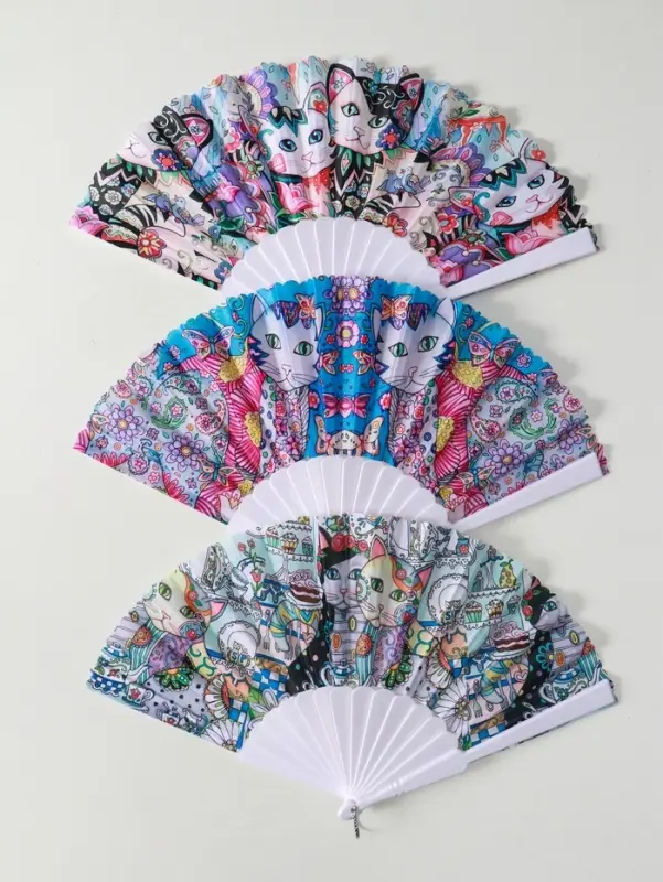 Веер пластик, текстиль "Котики. Цветочная абстракция" МИКС широкие лопасти 23 см