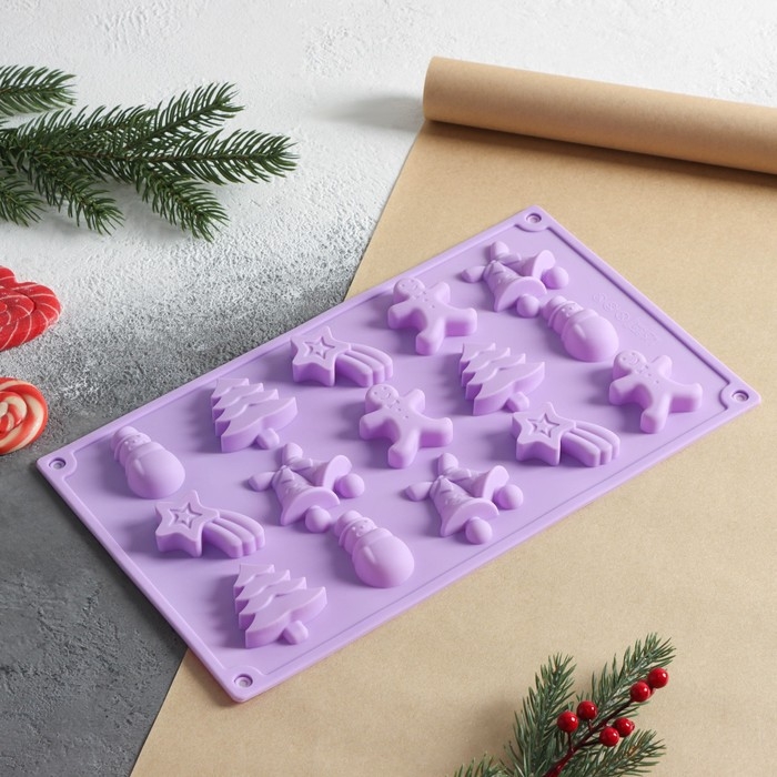 Форма для конфет и шоколада новогодняя Доляна &laquo;Ёлочки - иголочки&raquo;, силикон, 30&times;17,3&times;1,3 см, 15 ячеек, цвет сиреневый