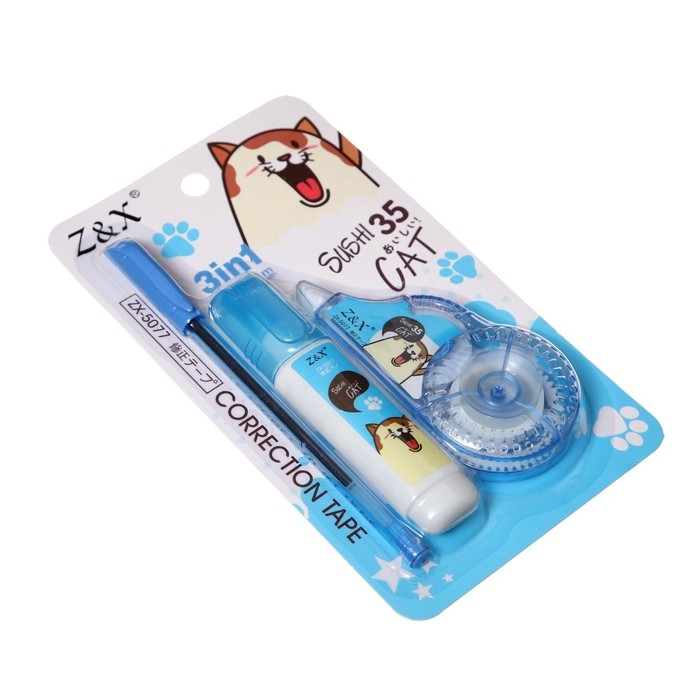 Набор (корректор-лента 5м х 5мм + корректор-ручка +ручка шариковая) на блистере, МИКС