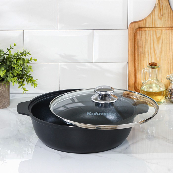 Жаровня &laquo;Традиция&raquo;, 3 л, d=26 см, стеклянная крышка, антипригарное покрытие, цвет чёрный