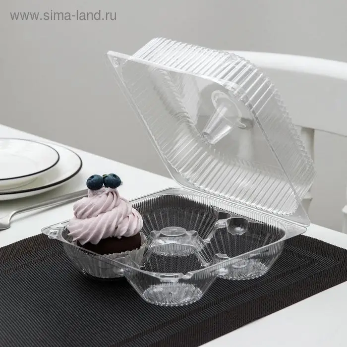 Контейнер одноразовый с неразъёмной крышкой ИП-2, для кондитерских изделий, пластик, 4 секции, 18.6&times;8.1 см, прозрачный