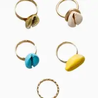 Набор колец 5 шт "Новый стиль" ракушки, размер МИКС, цветные в золоте