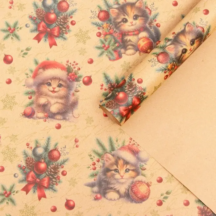 Бумага упаковочная новогодняя &laquo;Котик&raquo;, бурый крафт, 80 г/м&sup2; , 50&times;70 см