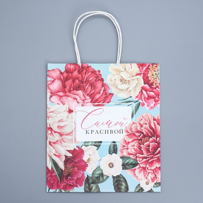 Пакет подарочный крафтовый, упаковка, &laquo;Цветочный&raquo;, 22 х 25 х 12 см