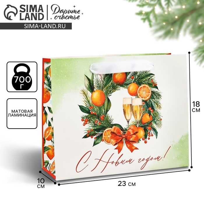 Пакет подарочный новогодний ламинированный &laquo;Новогодний венок&raquo;, мандарины, MS 18 х 23 х 10 см, Новый год