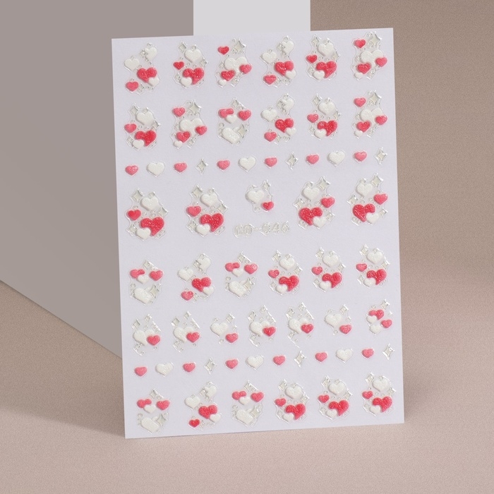 Наклейки для ногтей &laquo;Сердечки&raquo;, объемные, цвет красный/белый
