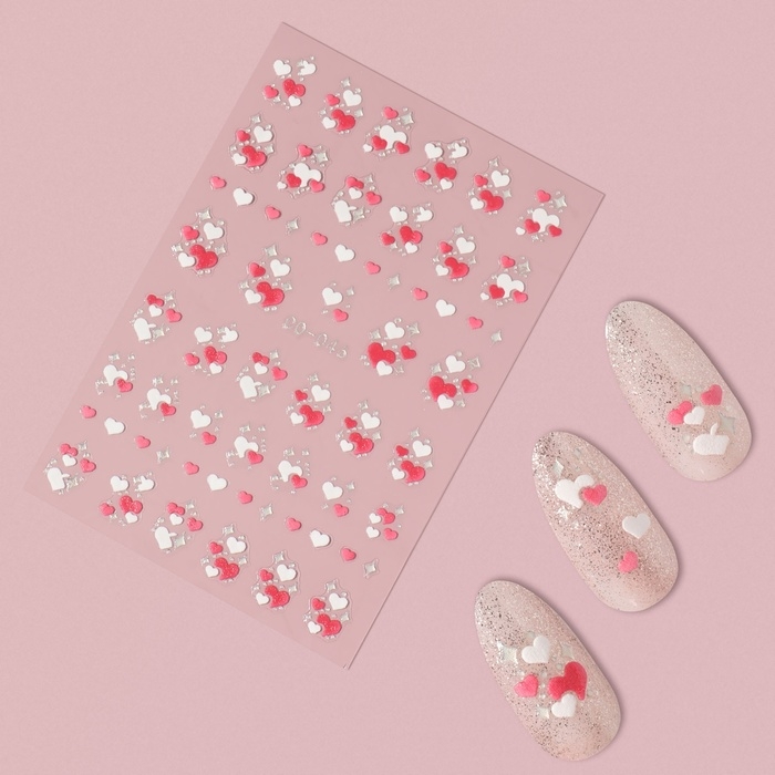 Наклейки для ногтей &laquo;Сердечки&raquo;, объемные, цвет красный/белый