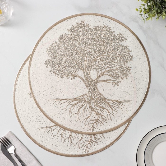 Салфетки сервировочные на стол Доляна &laquo;Древо&raquo;, 2 шт, d=38 см, цвет бежевый