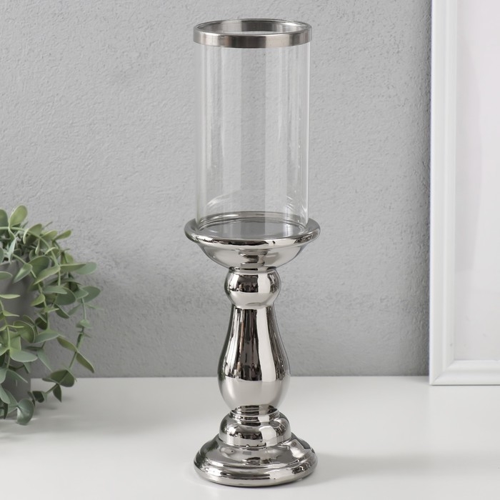 Подсвечник керамика, стекло на 1 свечу "Магистр" d=8 см серебро 9,5х9,5х32 см