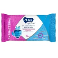 Влажные салфетки Aura Tropic Cocktail, c антибактериальным эффектом, 15 шт