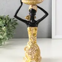 Подсвечник полистоун "Африканка в косынке с цветами" золото d=8 см 14х15х27,5 см