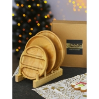 Подарочный набор деревянной посуды Adelica &laquo;Бари&raquo;, доска разделочная d=25 см, блюдо для подачи d=24 см, менажница 3 секции d=20 см, подставка, берёза