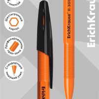 Ручка шариковая ErichKrause R-301 Orange Stick, узел 0.7 мм, чернила чёрные, длина линии письма 2000 метров, штрихкод на ручке