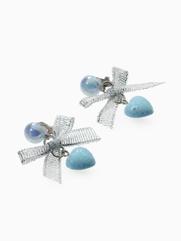 Серьги-клипсы детские "Выбражулька" сердце с бантом и кругом кристалл, цвет голубо-серебристый