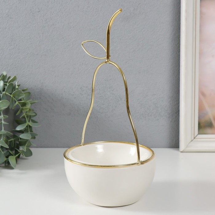 Сувенир керамика, металл подставка "Груша" белая с золотом 13х13х25,5 см