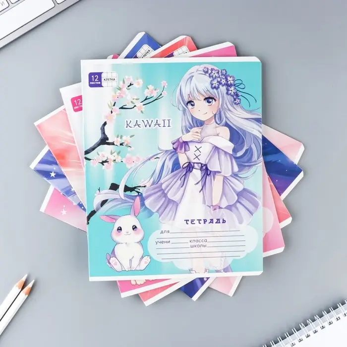 Тетрадь в клетку 12 листов А5, на скрепке &laquo;Аниме&raquo;, обложка мелованный картон, блок №2, 5 видов МИКС