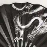 Веер пластик, текстиль h=27 см "Китайский дракон" чёрный, с кисточкой