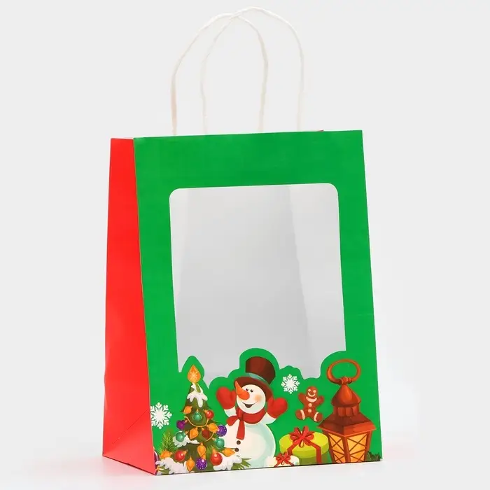 Пакет подарочный бумажный с окном &laquo;Снеговик&raquo; 19&times;26&times;13 см, крафт зеленый