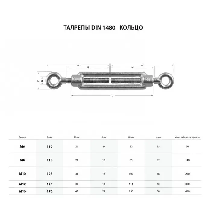 Талреп крюк-кольцо ТУНДРА krep, DIN1480, М6, оцинкованный 1 шт.