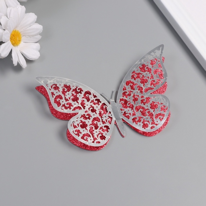 Наклейка бумага, пластик "Цветочные красные бабочки" блёстки набор 12 шт 12 см, 10 см 8 см   1052425