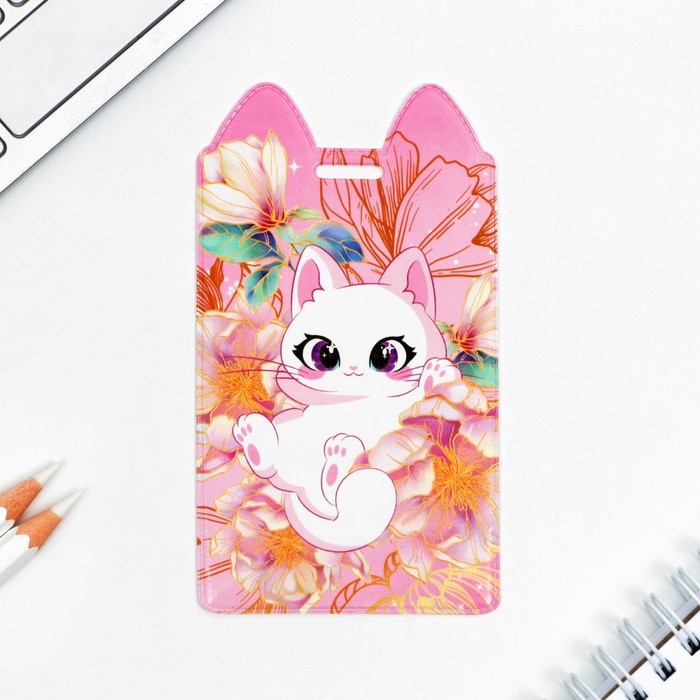 Чехол для бейджа &laquo;Котик в цветах&raquo;, 11,6 х 6,6 см