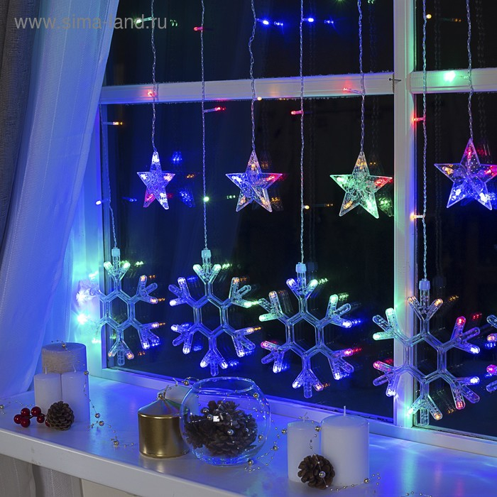 Гирлянда &laquo;Бахрома&raquo; 2.4 &times; 0.9 м с насадками &laquo;Снежинки&raquo;, IP20, прозрачная нить, 150 LED, свечение мульти, 8 режимов, 220 В