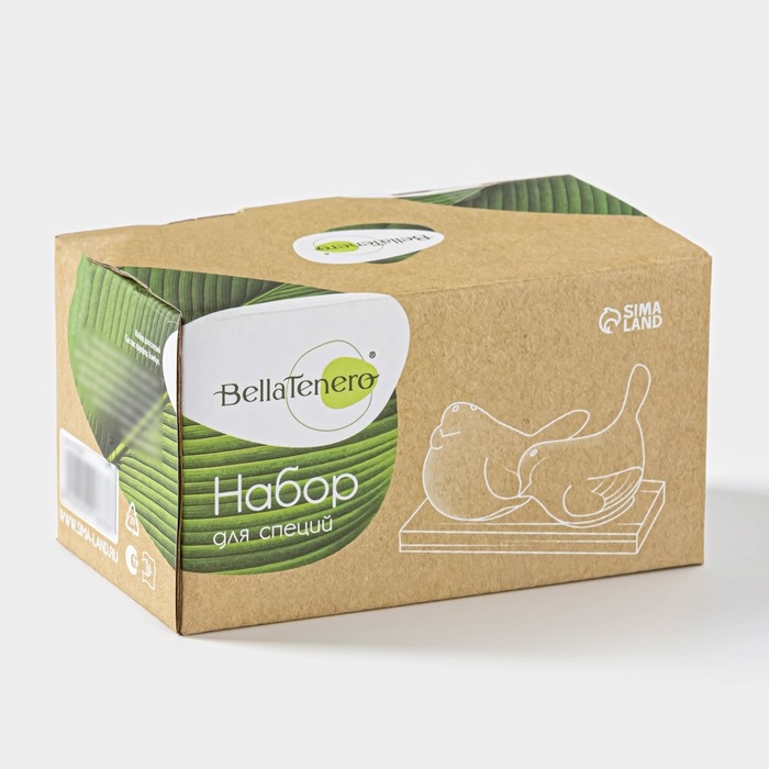 Набор фарфоровый для специй на бамбуковой подставке BellaTenero &laquo;Воробушки&raquo;, 2 предмета: солонка 75 мл, перечница 75 мл, цвет белый