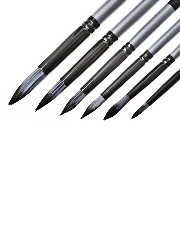 Набор кистей синтетика круглые 6 штук черно-серые (№2,4,6,8,10,12)