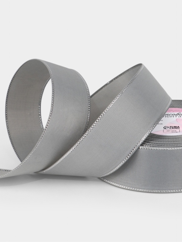 Лента репсовая 40мм*25&plusmn;1ярд(23м&plusmn;1м) серебряные нити №003 светло-серый АУ