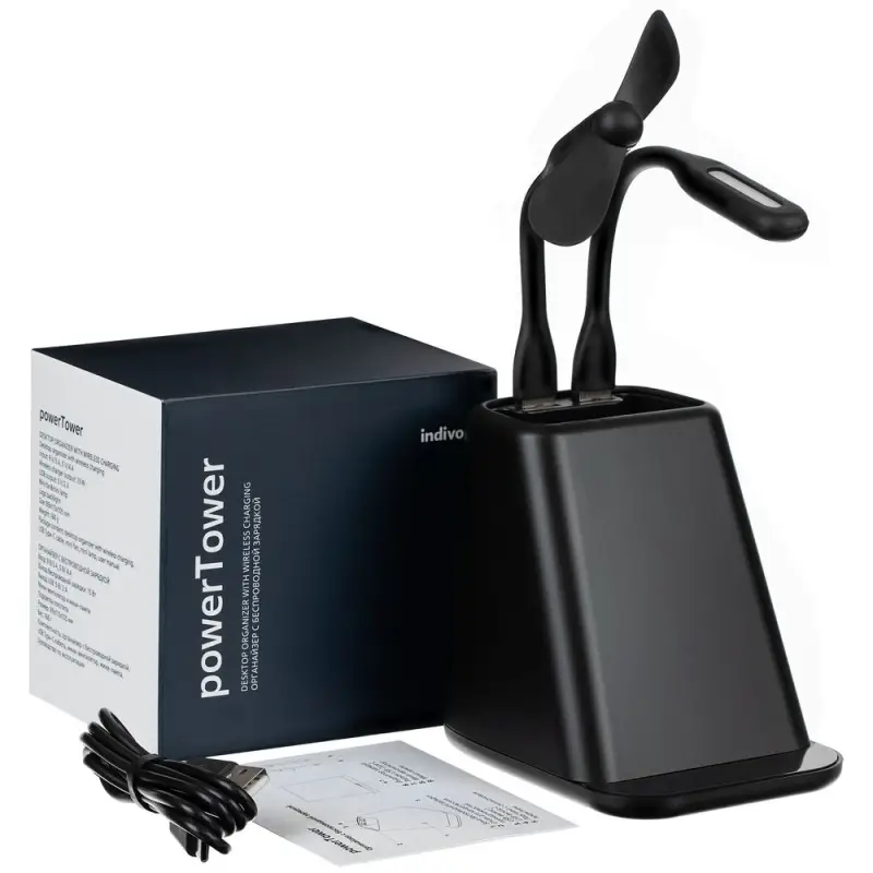 Настольный органайзер с зарядкой, лампой, вентилятором и подсветкой лого powerTower, черный Настольный органайзер с зарядкой, лампой, вентилятором и подсветкой лого powerTower, черный