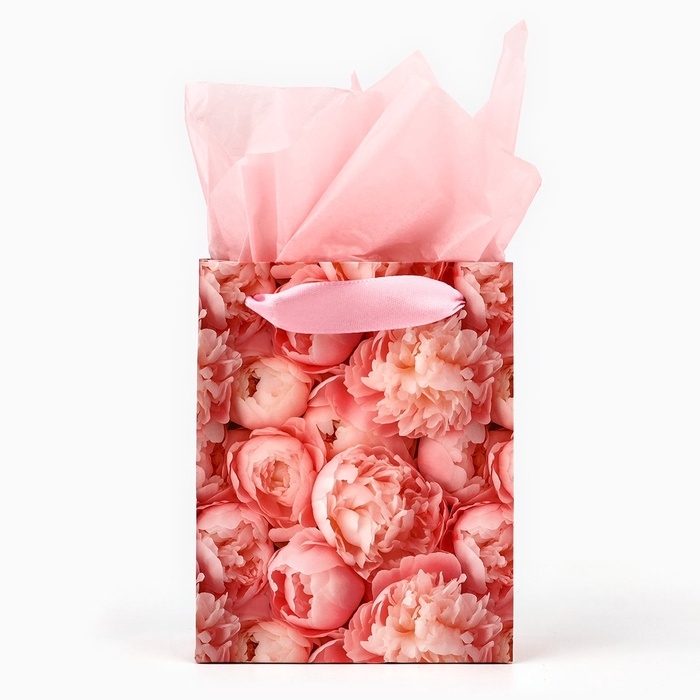 Пакет ламинированный двухсторонний &laquo;Пионы&raquo;, с тишью и открыткой, S, 12 х 15 х 5.5