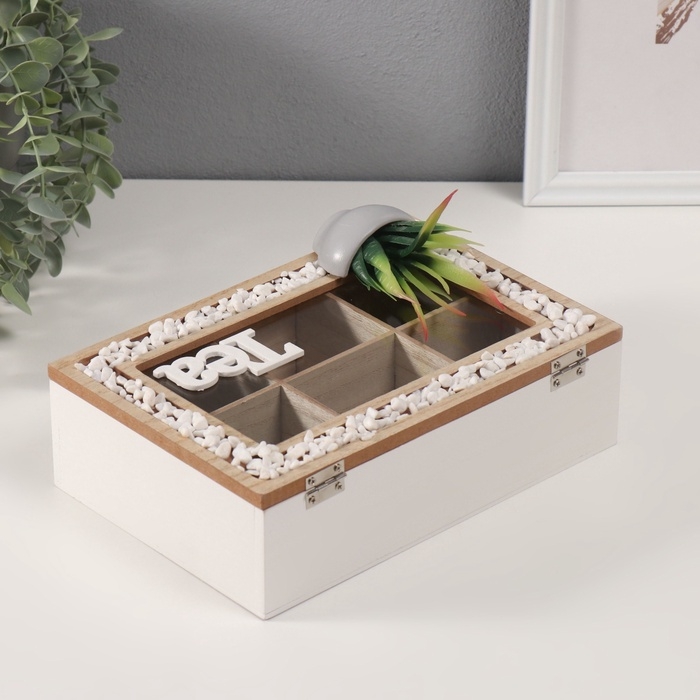 Шкатулка дерево с делениями "Чай. Кактус в горшочке" 16х23,5х9,5 см