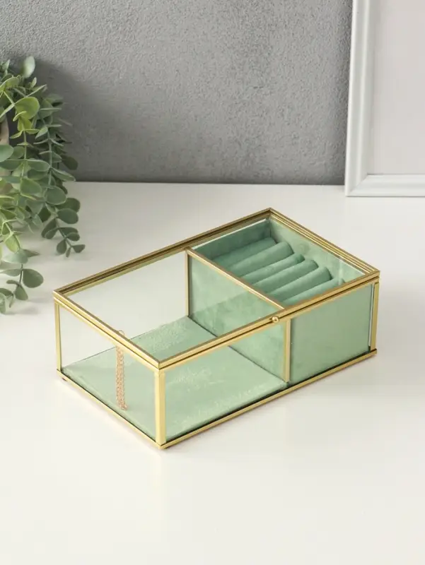 Шкатулка стекло с металлическим каркасом "Зелёная" 2 отделения 22х14,5х7,5