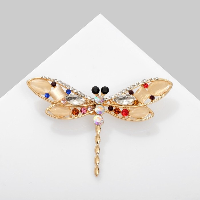Брошь &laquo;Стрекоза&raquo; утренняя, цветная в золоте