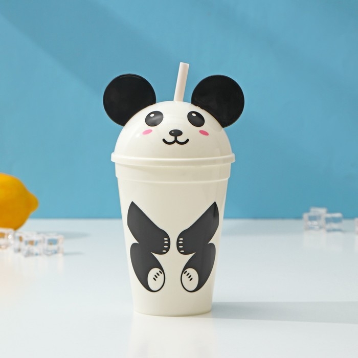 Стакан с крышкой и трубочкой &laquo;Панда&raquo;, 450 мл, цвет белый