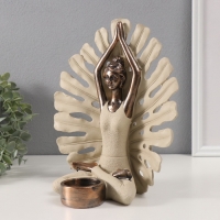 Сувенир полистоун подсвечник "Девушка в позе лотоса у монстеры" под бронзу d=4,3 см 12,3х22х25 см