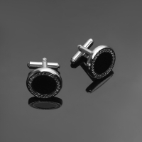 Запонки стальные &laquo;Классика&raquo; круг с эмалью, окантовка с орнаментом, цвет чёрный серебре