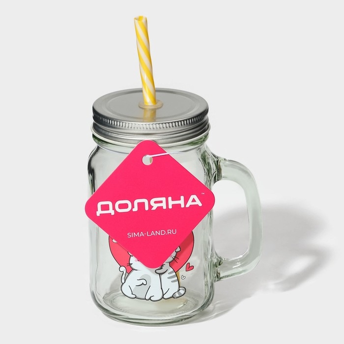 Кружка стеклянная Доляна &laquo;Котик&raquo;, 450 мл, 10&times;7,5&times;13 см, с ручкой, крышкой и трубочкой