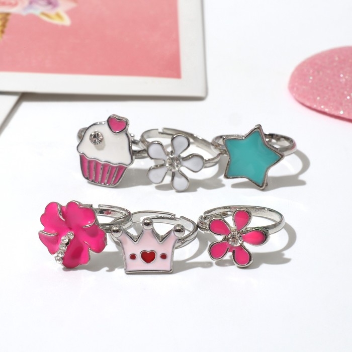 Кольцо детское &laquo;Выбражулька&raquo; ассорти для девочек, форма МИКС, цвет МИКС, безразмерное