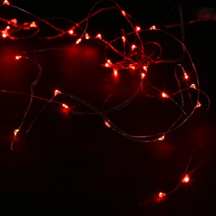Гирлянда &laquo;Нить&raquo; 5 м роса, IP20, серебристая нить, 50 LED, батарейки CR2032х2 (в комплекте), свечение красное