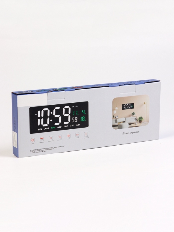 Часы электронные настенные, календарь термометр, 36.2 х 15.5 см, красные цифры 10 х 4.5 см   1076627