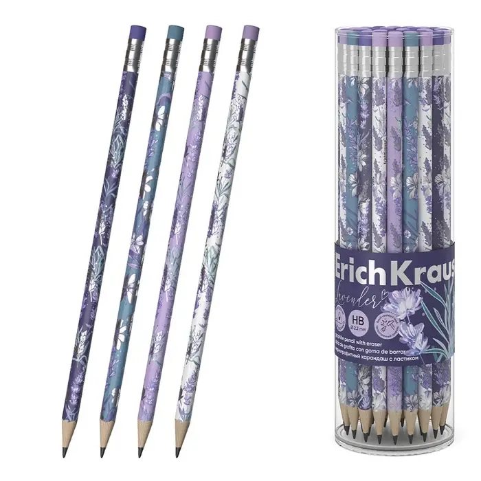 Карандаш чернографитный с ластиком ErichKrause "Lavender", HB, грифель d=2.2 мм, дерево, трeхгранный в тубусе, микс