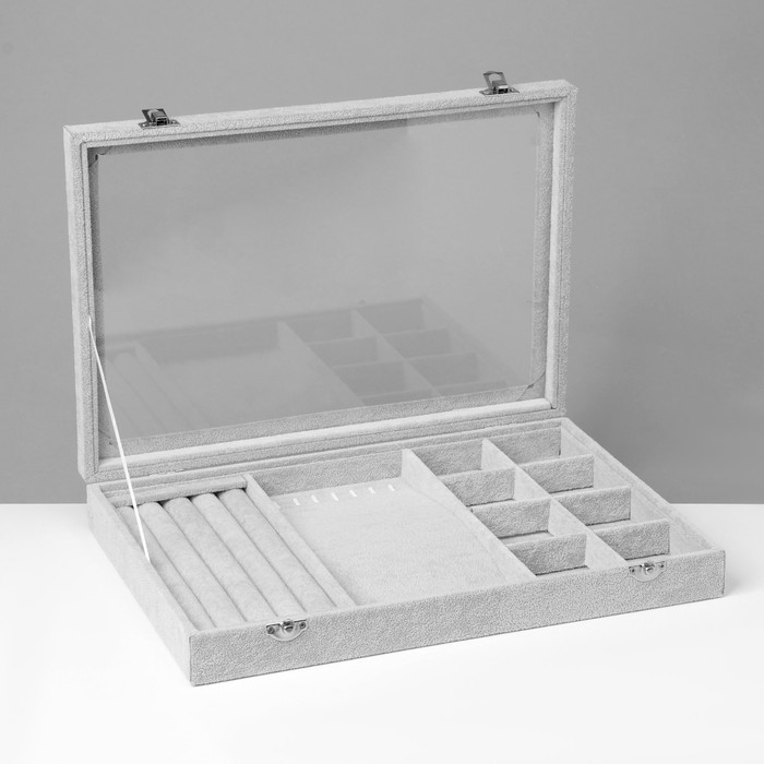 Подставка для украшений &laquo;Шкатулка&raquo; 4 полосы, 7 крючков, 8 ячеек, стеклянная крышка, цвет серый