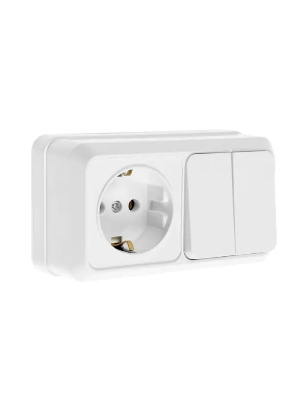 Выключатель с розеткой горизонтальный TANGO, 16 А, 2 клавиши + розетка, IP 20, открытой проводки с з