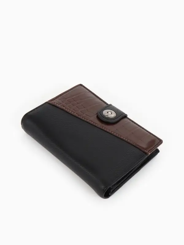 Портмоне мужское на кнопке, 3 в 1, для автодокументов и паспорта, 2 отдела, для карт, для монет, цвет чёрный/кофе