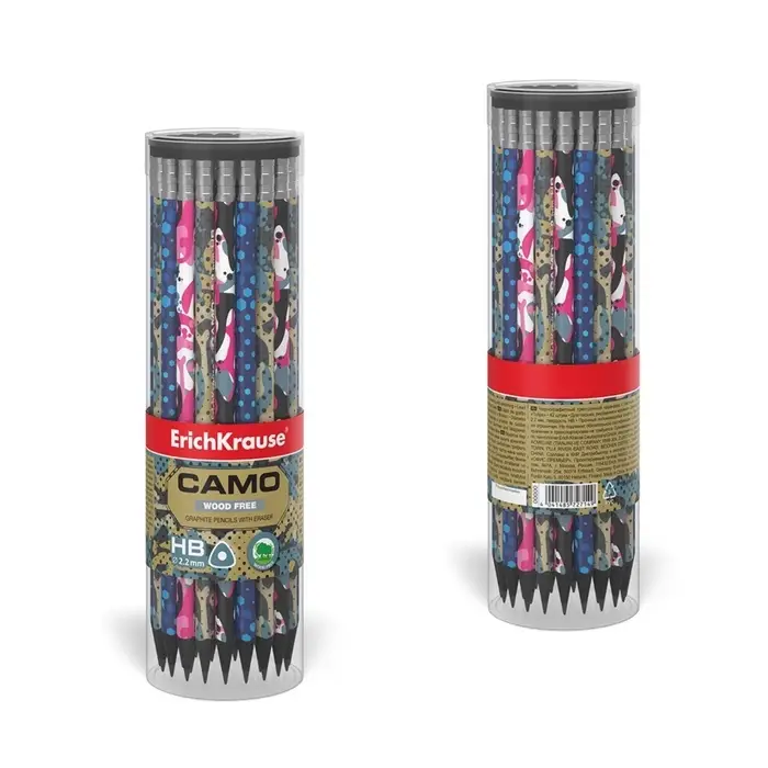 Карандаш чернографитный с ластиком ErichKrause "Camo", HB, грифель d=2.2 мм, пластик, трёхгранный в тубусе, микс