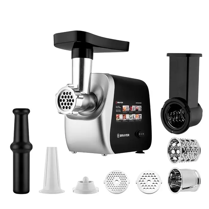 Мясорубка BRAYER 1608BR, электрическая, 2000 Вт, реверс, 3 диска, 4 насадки, 2 кг/мин